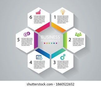 infographic polygon business template with icons 6 options. business and finance concept. can be used for process, presentations, layout, banner,infographic. vector illustration in flat style modern.