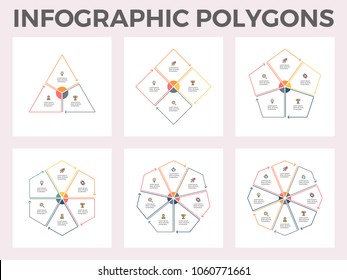 Infographic polygons. Triangle, square, pentagon, hexagon, heptagon, octagon. Vector templates. Editable line.