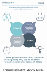 Infografik-Poster oder Banner. Mehrfarbige Sprachblasen mit Glühbirnen, Aktentasche, Uhr und Sparschwein. Zeit, Idee und Investitionen. Unternehmen oder Organisation. Flache Vektorgrafik