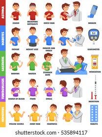 Infographic poster with isolated colorful cartoon characters of sick boy representing various illnesses symptoms and treatment vector illustation