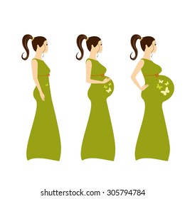 Infographic of pregnancy stages. Cute  illustration of a beautiful pregnant woman. Pregnancy stages. Pregnant woman vectot illustration. Pregnant woman in profile pregnancy stages isolated on white.