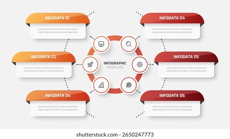 Presentación de infografía con etiqueta circular, color degradado, 6 opciones e icono