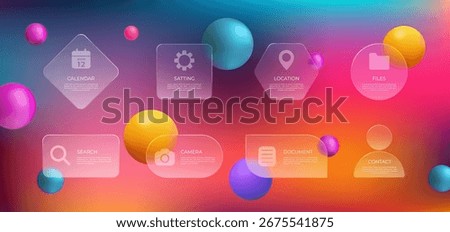 Infographic presentation. Design UI icon. Glass business modern finance. Data graphic. Glassmorphism geometric matte shapes. Rectangles and circles. Square blur minimal label. Vector app symbols set