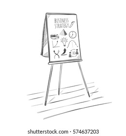 Concepto de presentación infográfica dibujado a mano con elementos de estrategia empresarial en el rotafolios sobre ilustración vectorial aislada de fondo blanco