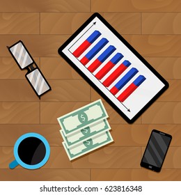 Infographic presentation on tablet, finance economy report data, vector illustration
