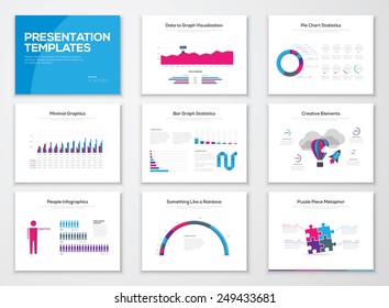 Infographic presentation slide templates and business vector brochures. Big set of modern infographic vector elements for web, print, magazine, flyer, brochure, media, marketing and advertising.