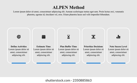 Infographic presentation template of ALPEN time management method.