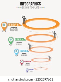 Infographic presentation template including circle 3D shapes and human icons and 5 steps for growth process or progress with goal and navigation sign, symbols or label for business, education, etc.