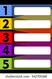 Infographic presentation template of the working process in five steps with multicolored elements and blank text frames