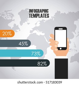 infographic presentation template with world map and hand holding a smartphone icon. colorful design. vector illustration