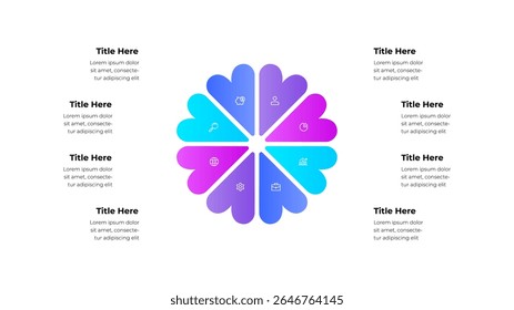 Infográfico apresentando um design de gradiente circular com seções segmentadas adornadas com ícones. Perfeito para ilustrar conceitos como negócios, planejamento e visualização de dados estratégicos