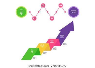 Infografía que presenta una clara progresión de los pasos hacia el éxito. Organiza visualmente los Elementos Seguir clave con flechas e íconos, haciendo que la información sea fácil de entender