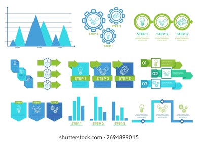 Infográfico apresentando séries de etapas em andamento usando gráficos, ícones e setas. Ele delineia visualmente tarefas e fluxo, tornando as informações fáceis de entender e acompanhar