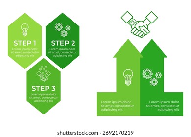 Infografía que presenta un enfoque estructurado en tres pasos, mostrando ideas e ilustraciones clave. Colaboración e innovación a través de símbolos visuales y flechas
