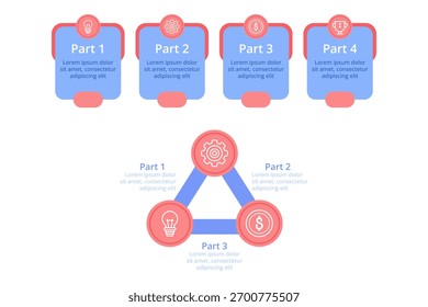 Infographic presenting structured diagram featuring four distinct sections. Each part including icons and descriptive text about organized topic, connecting ideas visually