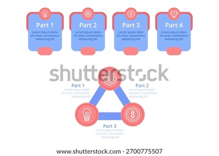 Infographic presenting structured diagram featuring four distinct sections. Each part including icons and descriptive text about organized topic, connecting ideas visually