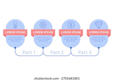 Infografik präsentiert drei getrennte Konzepte, die durch Linien verbunden sind. Jeder Abschnitt enthält Symbol- und Platzhaltertext, der einen einfachen visuellen Informationspunkt veranschaulicht