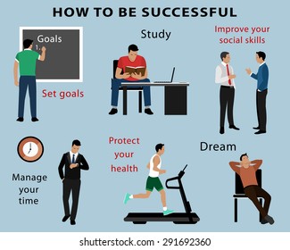 Infographic with principles of successful business people. Vector set of 3d isometric men. 