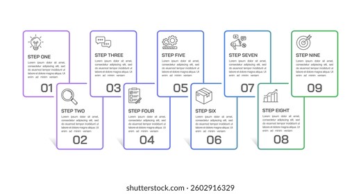 Infographic process with 9 steps to success. Can be used for presentation, workflow layout, diagram and banner. Vector illustration.