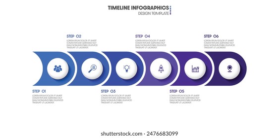 Infographic process business design template. Timeline concept with 6 steps. Design presentations, workflow layouts, and diagrams.
