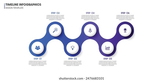 Infographic process business design template. Timeline concept with 6 steps. Design presentations, workflow layouts, and diagrams.