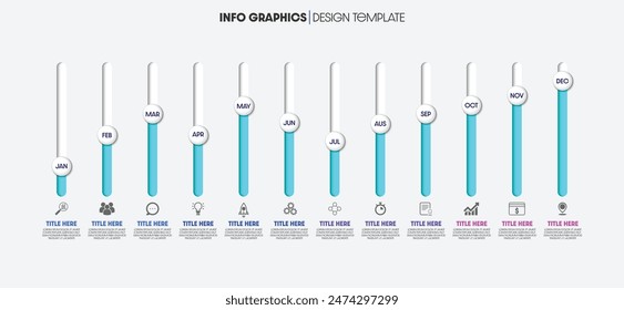 Infographic process business design timeline concept with 12 months for the steps. Design templates for presentations, workflow layouts, and diagrams.