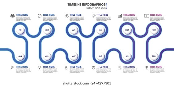 Infographic process business design timeline concept with 12 months for the steps. Design templates for presentations, workflow layouts, and diagrams.