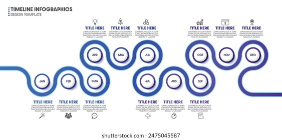Infographic process business design timeline concept with 12 months for the steps. Design templates for presentations, workflow layouts, and diagrams.