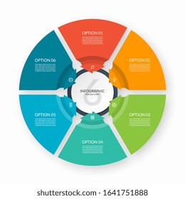 Infographic process chart. Circular design template with 6 arrows pointing to the center. Cycle diagram that can be used for report, business infographics, data visualization and presentation.