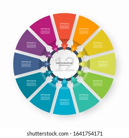 Infographic process chart. Circular design template with 12 arrows pointing to the center. Cycle diagram that can be used for report, business infographics, data visualization and presentation.