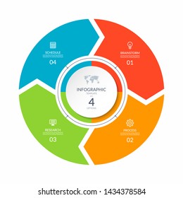 Infographic process chart. Cycle diagram with 4 stages, options, parts. Can be used for report, business analytics, data visualization and presentation.