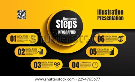 infographic process chart templates, yellow and black design, background for presentations, advertising, layouts, annual reports, abstract steps timeline elements concept 6 options.