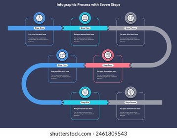 Infographic process diagram divided into seven steps with minimalistic icons - dark version. SImple chart design for workflow layout, diagram, banner, web design.