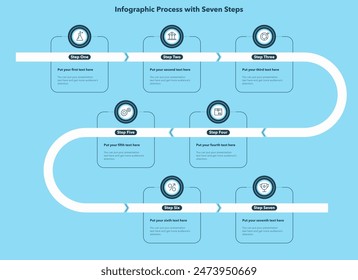 Diagrama de proceso infográfico dividido en siete pasos con iconos minimalistas - versión azul. Diseño gráfico simple para el diseño del flujo de trabajo, diagrama, Anuncio, Diseño web.