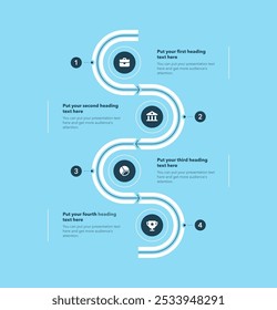 Diagrama de processo infográfico dividido em quatro etapas com ícones minimalistas - versão azul. Design de gráfico simples para layout de fluxo de trabalho, diagrama, banner, design da Web.