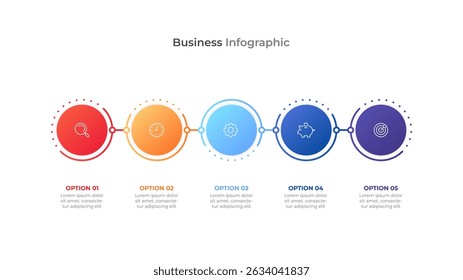 Design de etiqueta de processo de infográfico com ícones de marketing. Modelo de infográfico de linha de tempo com 5 etapas ou opções. Ilustração vetorial.