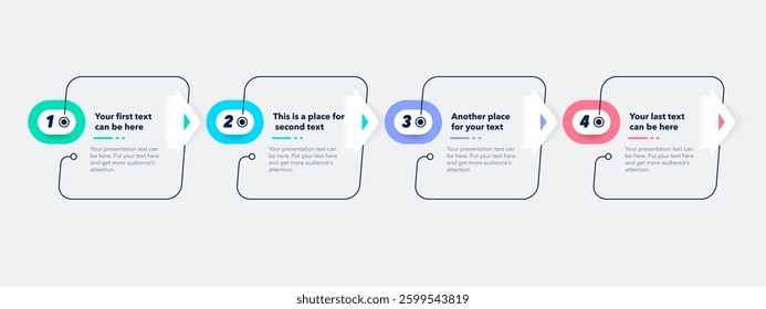 Infographic process template with four colorful stages. Graphic diagram with numbers for workflow layout, banner or web design.