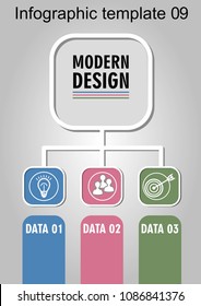 Infographic process visualization template, abstract vector with icons and copy space, three multicolored fields available