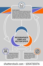 Infographic process visualization template, simple abstract vector with icons and copy space, three multicolored elements available