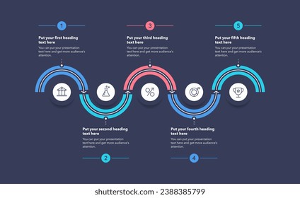 Infographic progress diagram with five stages with numbers and minimalistic icons - dark version. Can be used for your website or presentation.