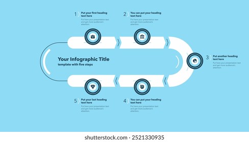 Diagrama de progresso infográfico com cinco passos com números e ícones minimalistas - versão azul. Pode ser usado para seu site ou apresentação.