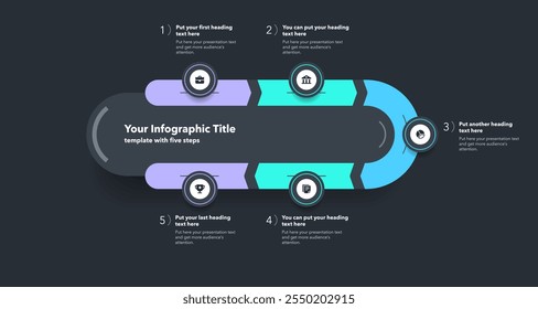 Infographic progress diagram with five steps with numbers and minimalistic icons - dark version. Can be used for your website or presentation.