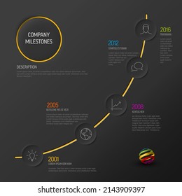 Infographic progress timeline template with relief circle elements with icons and descriptions. Dark  gradient version with color elements and sample logo placeholder