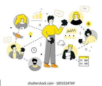 Infographic project manager for web design. Flat style vector. Distance communication.