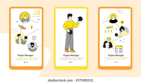Infographic project manager for web design.Flat onboarding mobile app page screen template. Distance communication.
