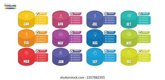 gráfico de la línea de tiempo del proyecto de infografía durante 12 meses calendario de diagrama moderno, infografía del vector de presentación.