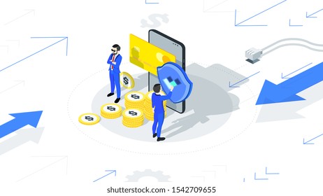 Infographic protected shopping. Safe and protected mobile payment online. Businessman pay online with mobile phone. Isometric conceptual vector illustration.