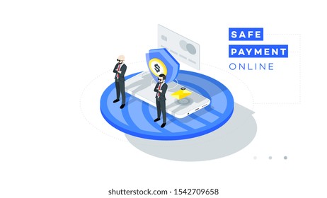 Infographic protected shopping. Safe and protected mobile payment online. Businessman pay online with mobile phone. Isometric conceptual vector illustration.