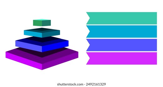 Infografía de color púrpura con cuadro cuadrado azul y verde dividido y cortado en cuatro y espacio para texto, forma piramidal hecha de cuatro capas para presentar ideas de negocio o disparidad y estatista