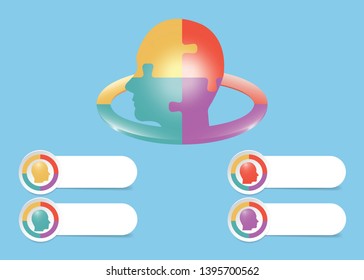 Infographic Of Puzzle Head Divided Into Four Sections In The Center Of Vector And Blank Labels For Your Text Under The Head. 